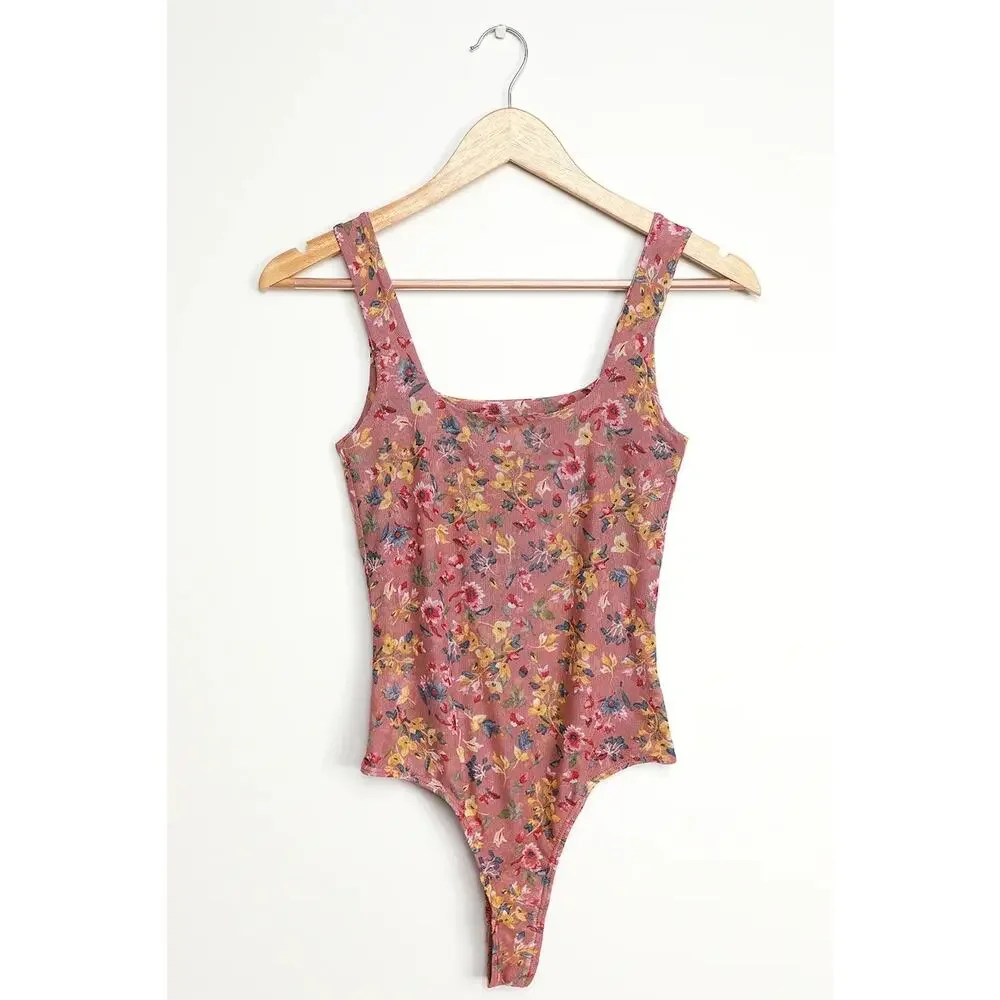 Lulus Love in the Garden Mauve Floral Print Mesh Bodysuit pink yellow blue